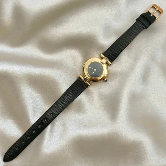 AUTHENTIC VINTAGE CARTIER BLACK LEATHER WATCH - WITH BOX - Picture 4 of 7